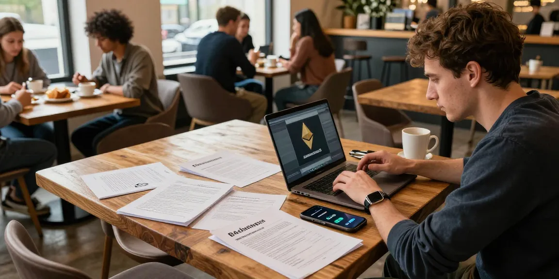 Cricbet blockchain research scene at coffee shop with laptop and cryptocurrency documents.