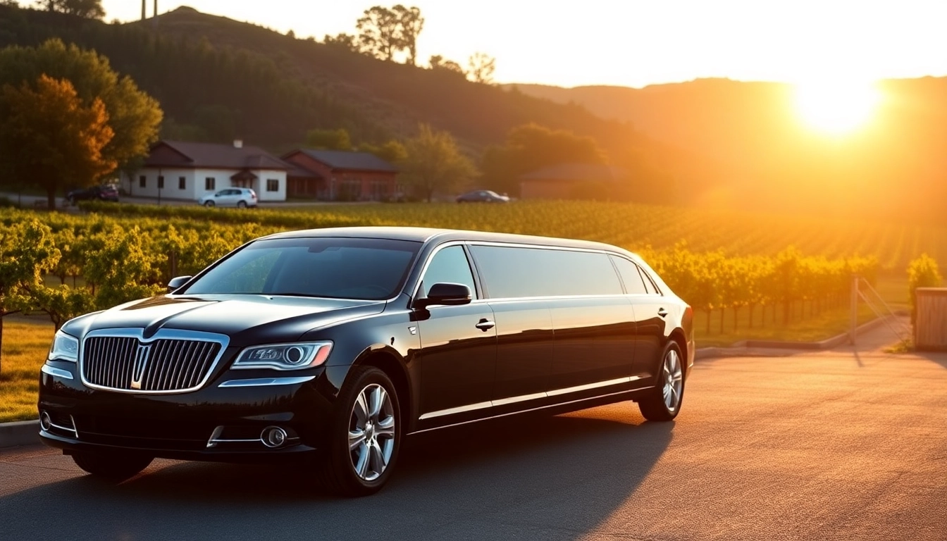 Experience winery limo service in a picturesque setting with elegant vineyards and a luxurious limo.