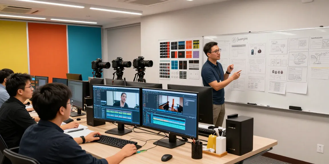 Corporate Video Production House in Singapore with creative team collaborating in an editing suite.