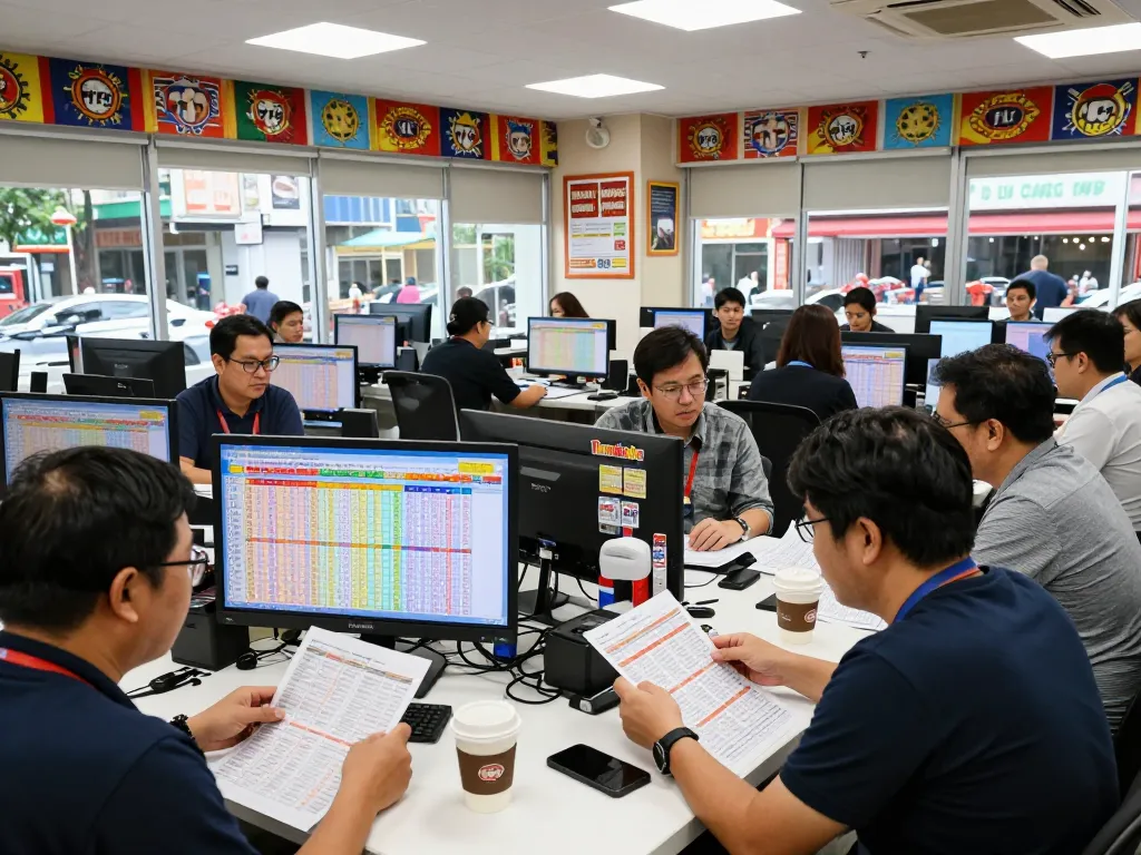Togel Hongkong lottery participants analyzing data and betting strategies in an engaging office setting.