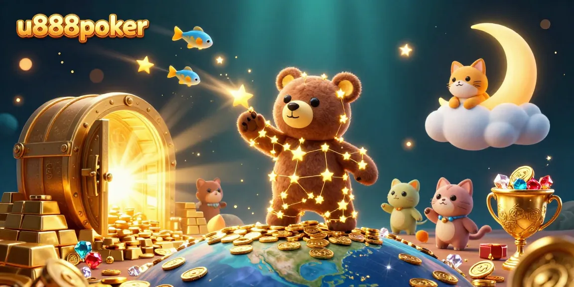 Engage with u888poker in a vibrant 3D casino scene filled with treasure and excitement.