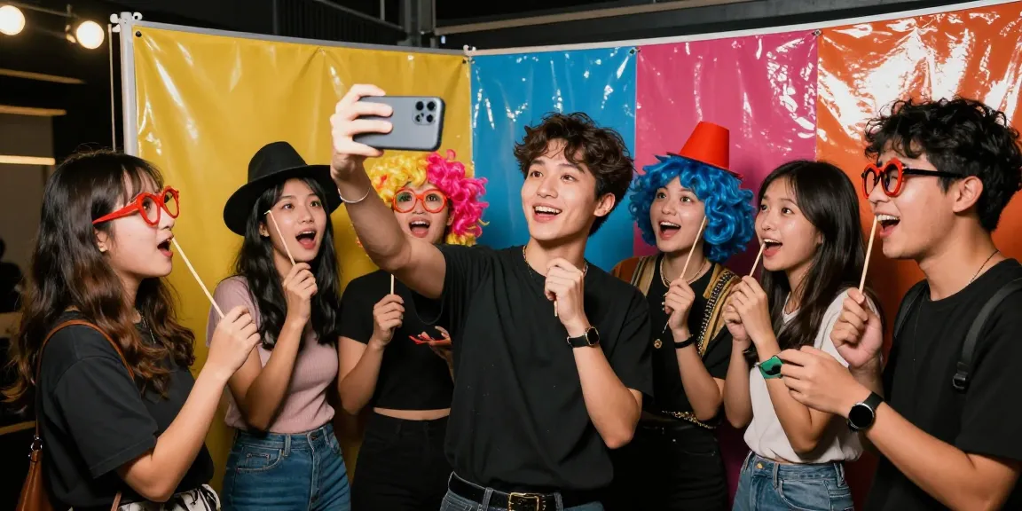 Young person taking a selfie to find their celebrity look alike in a vibrant booth.