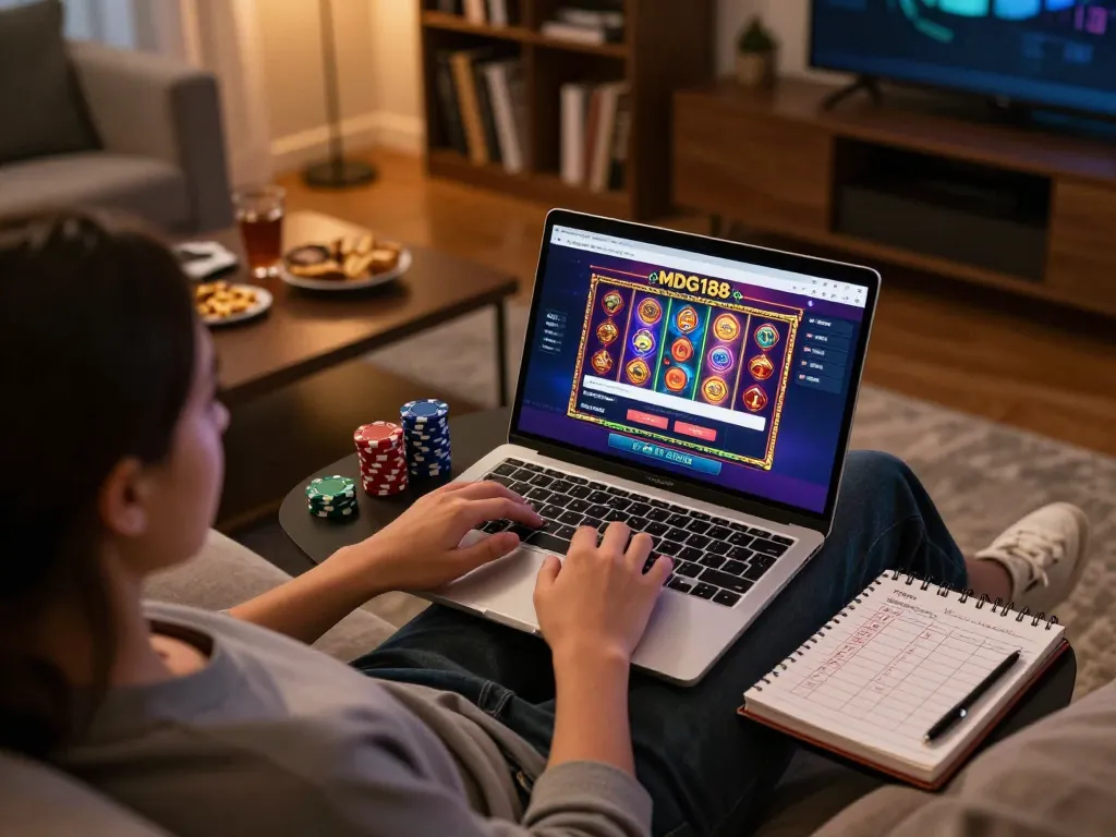 Engage in MDG188 login for thrilling online slot games in a cozy home setting.