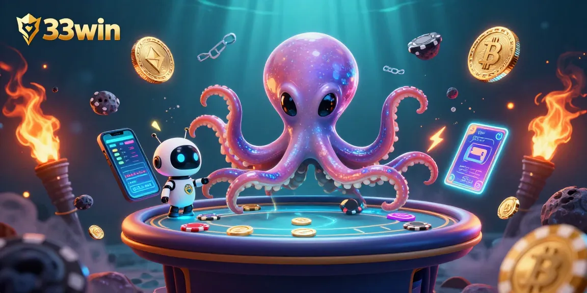 Engage in thrilling games at 33win with a cartoon octopus operating a poker table while crypto coins orbit