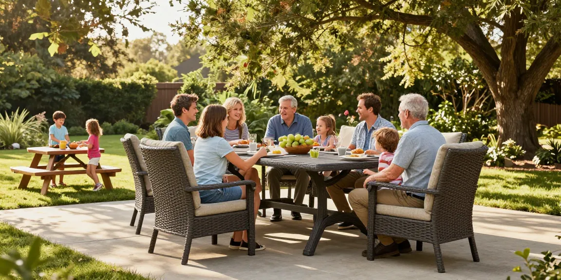 Durable outdoor furniture set in a vibrant patio scene with family enjoying their time.