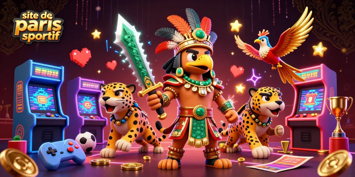 Visuel captivant du site de paris sportif illustrant des personnages de guerriers azteques avec des éléments de paris sportifs, machine à sous et énergie dynamique.