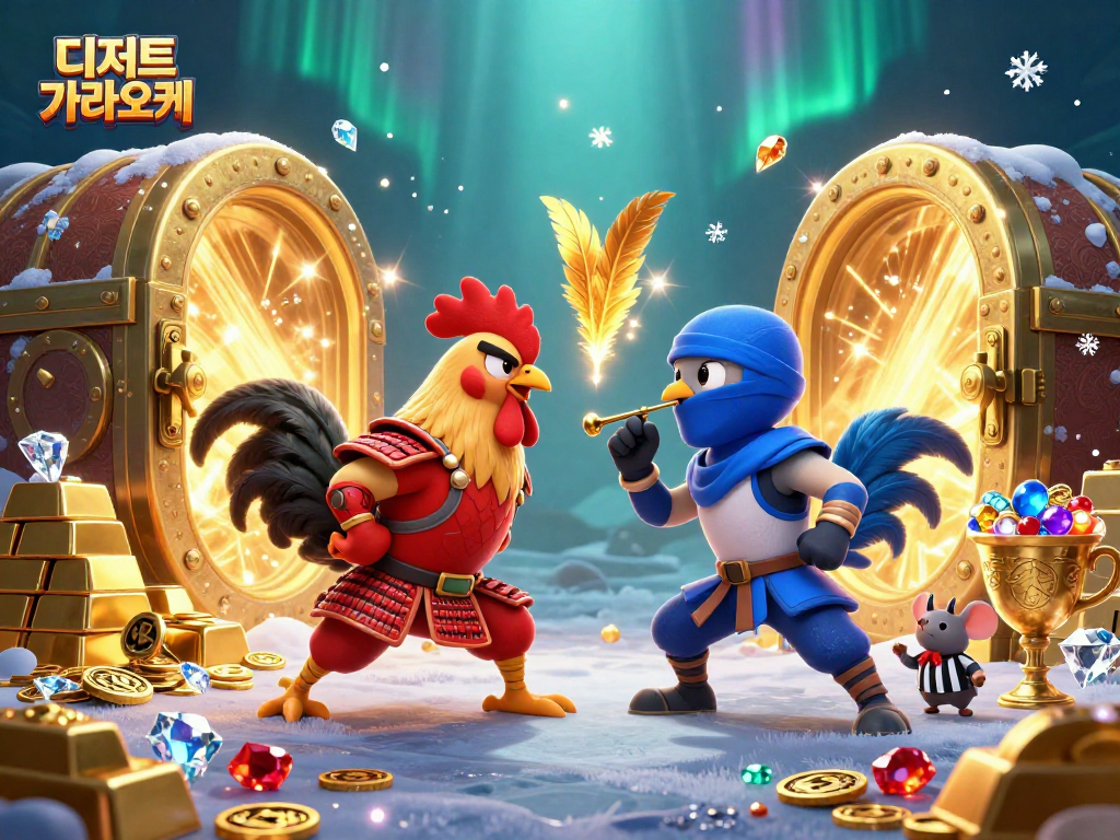 디저트 가라오케에서의 격렬한 Rooster Battle을 그린 일러스트입니다.