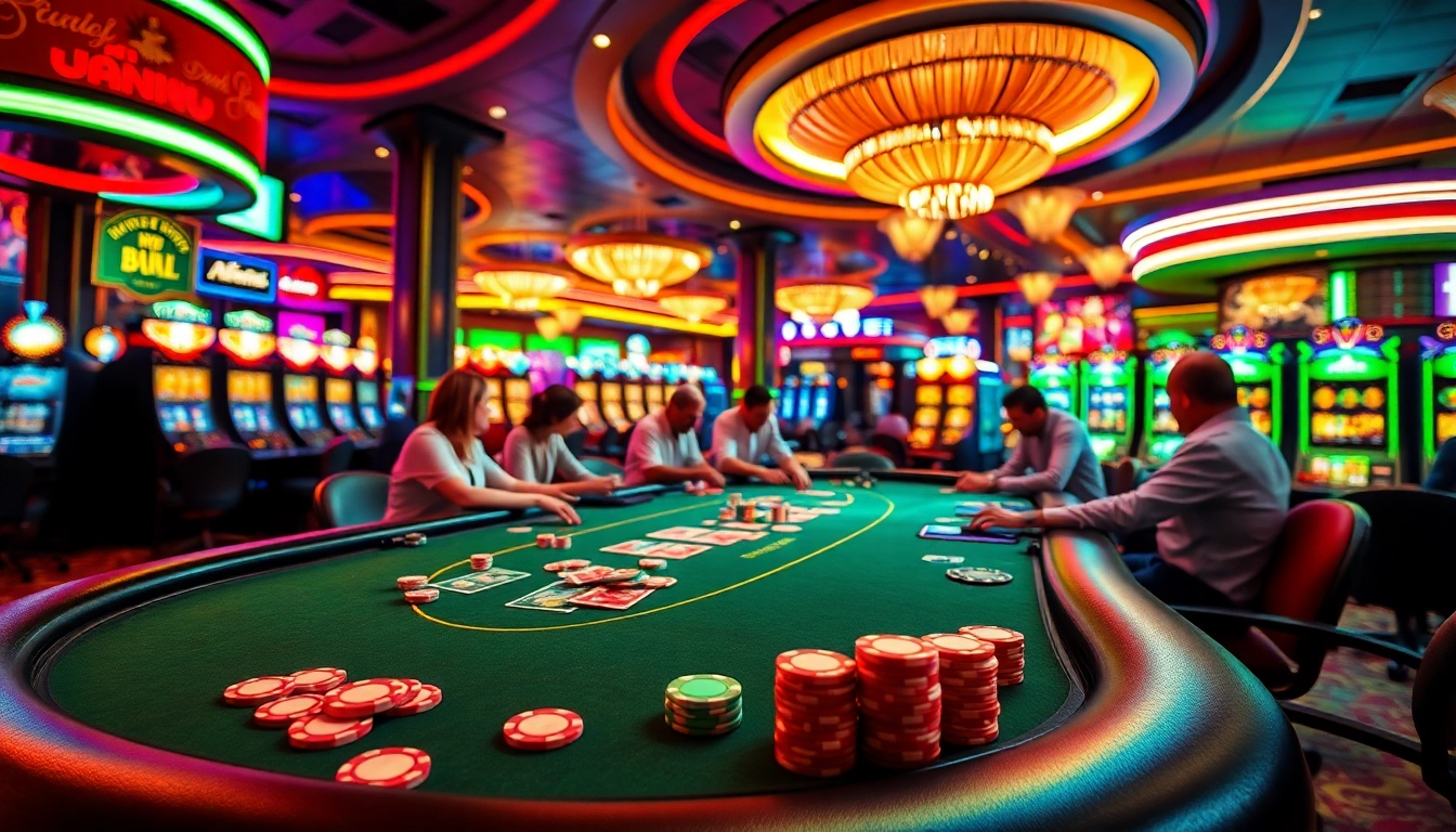 Bermain mole4d di meja poker dengan meriah, dikelilingi cahaya kasino yang berkilau.