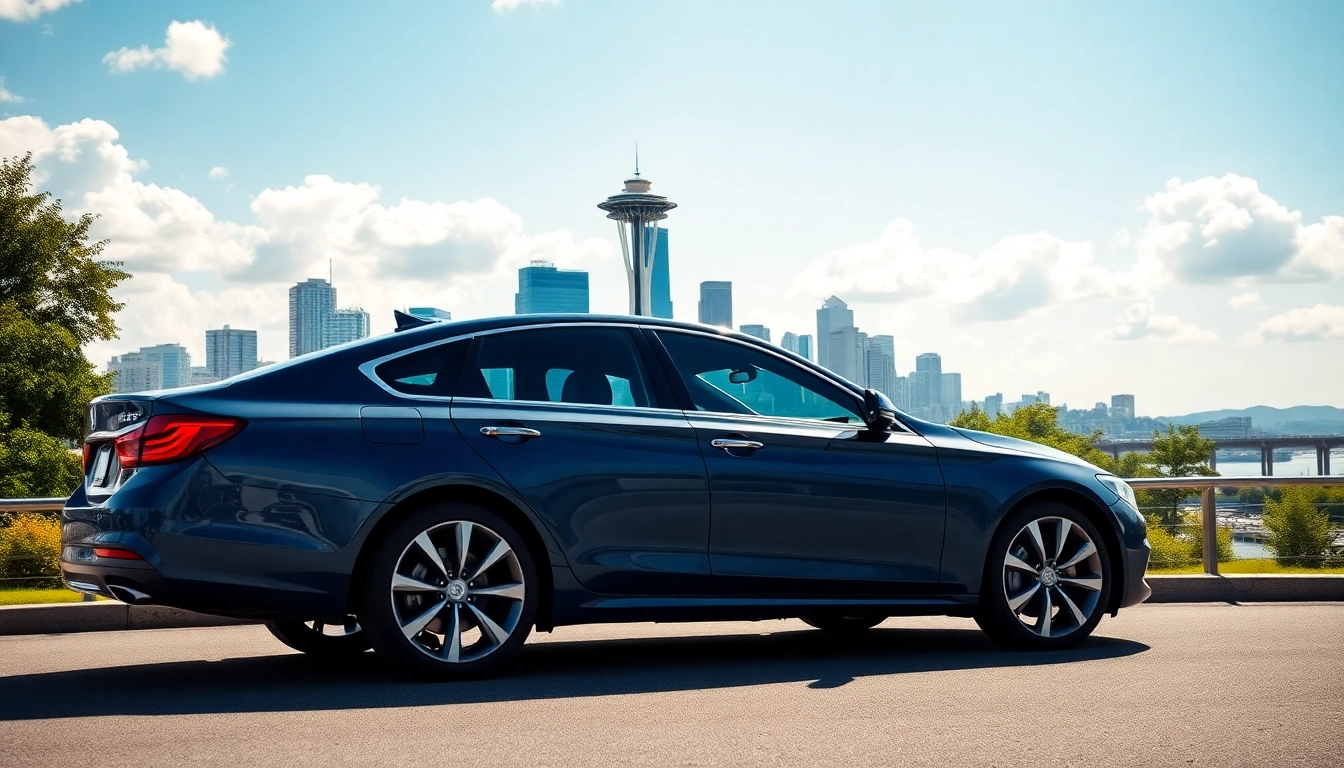 Discover seattle to vancouver car service with a luxury sedan in front of a stunning city skyline.