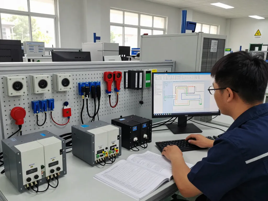 Technician inspecting PLC units and sensors at Hải Phòng Tech's automation workspace.