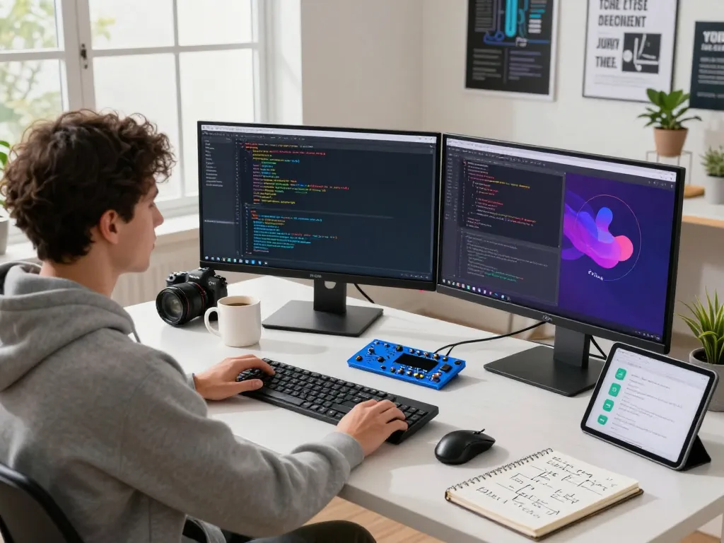 Developer using moltbot ai in a modern tech workspace with dual monitors and coding interfaces.