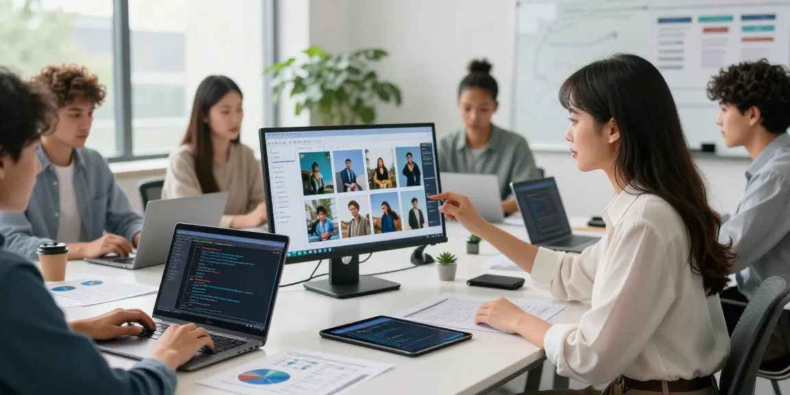 Team using an ai image checker tool to analyze images in a modern workspace.