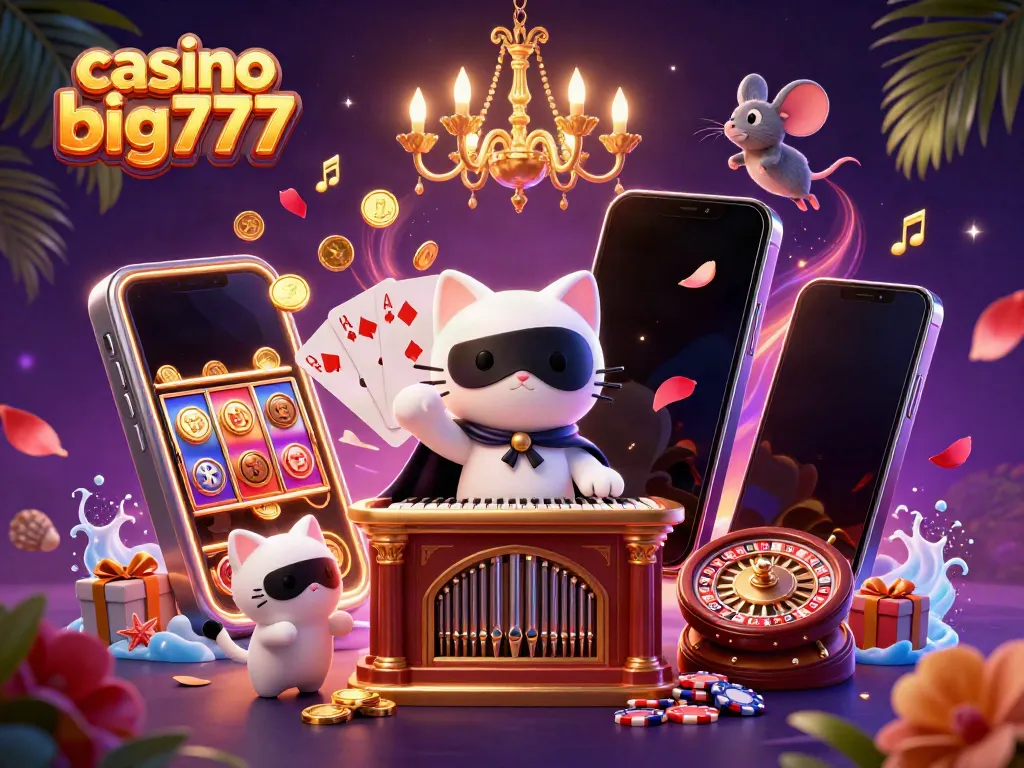 Engage with the exciting atmosphere of casino slots big777, featuring colorful slot games, golden coins, and entertaining characters.