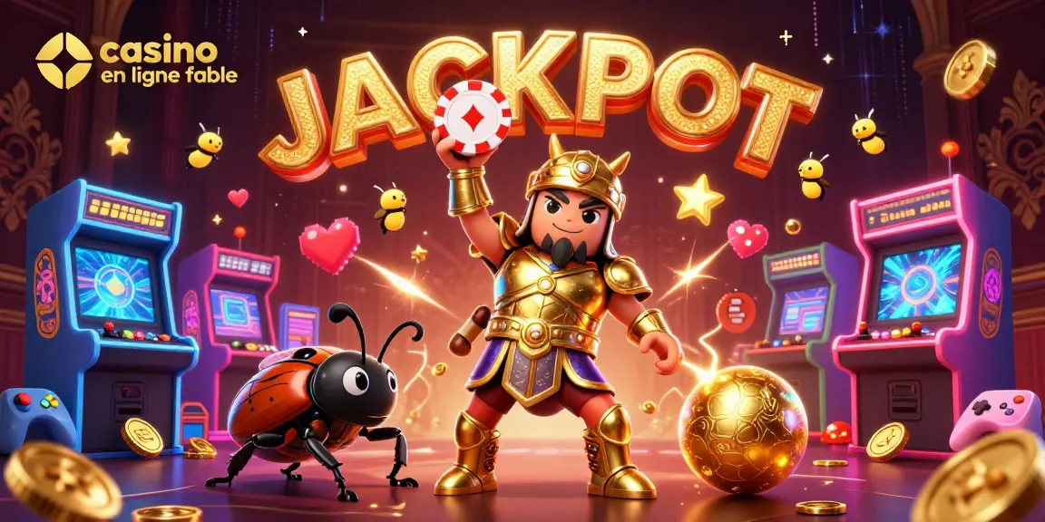 Jouez au casino en ligne fiable en profitant d'une scène captivante avec un scarabée héros triomphant et des éléments de jeu colorés.