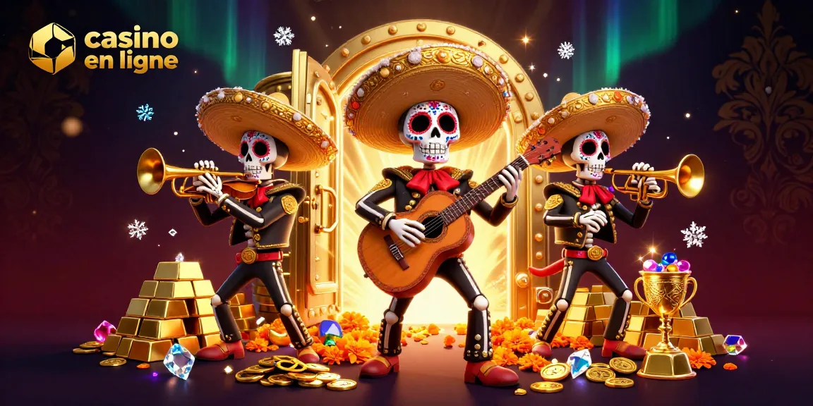 Gagnez aux jeux d'argent sur casino en ligne avec une illustration dynamique de la fête des morts, des squelettes et des trésors.