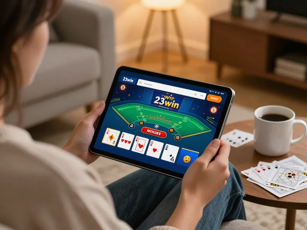Playing blackjack on the 23win app while relaxing at home with strategy notes and a cozy atmosphere.