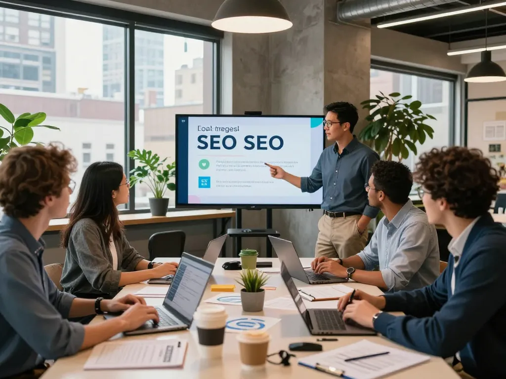 Team strategizing local SEO NYC tactics in a vibrant NYC workspace.