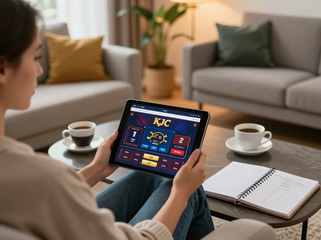 KJC player engaging in strategic betting with a tablet in a cozy home setup.