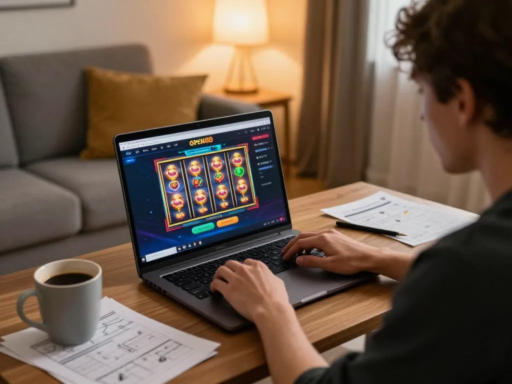 Engage with open88 by playing online slots in a cozy home gaming setup with strategic elements.