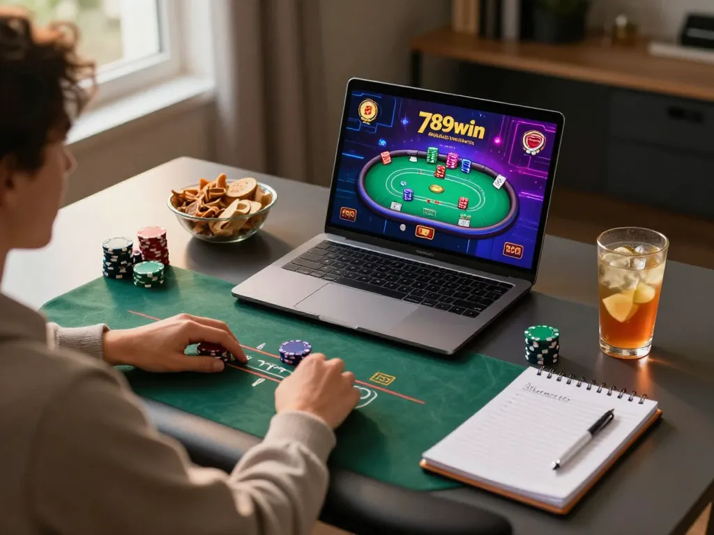 Player analyzing strategies during an online poker session at 789win.