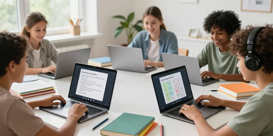 Students engaged in interactive online English learning during a cheerful virtual class with laptops and bright study surroundings.