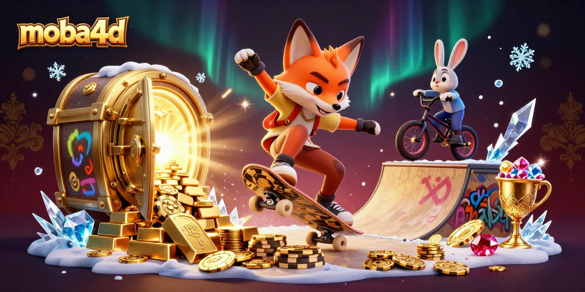 Experience the thrill of moba4d with playful characters and dazzling casino elements in this colorful illustration.