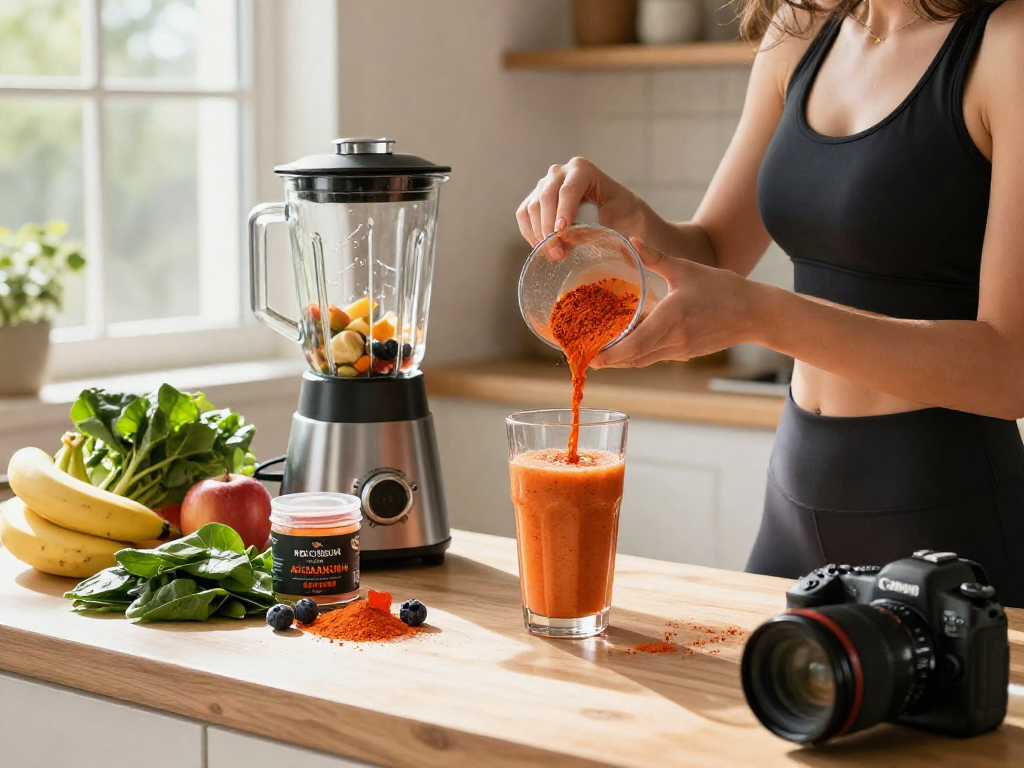 Mixing a smoothie with premium astaxanthin in a bright kitchen.