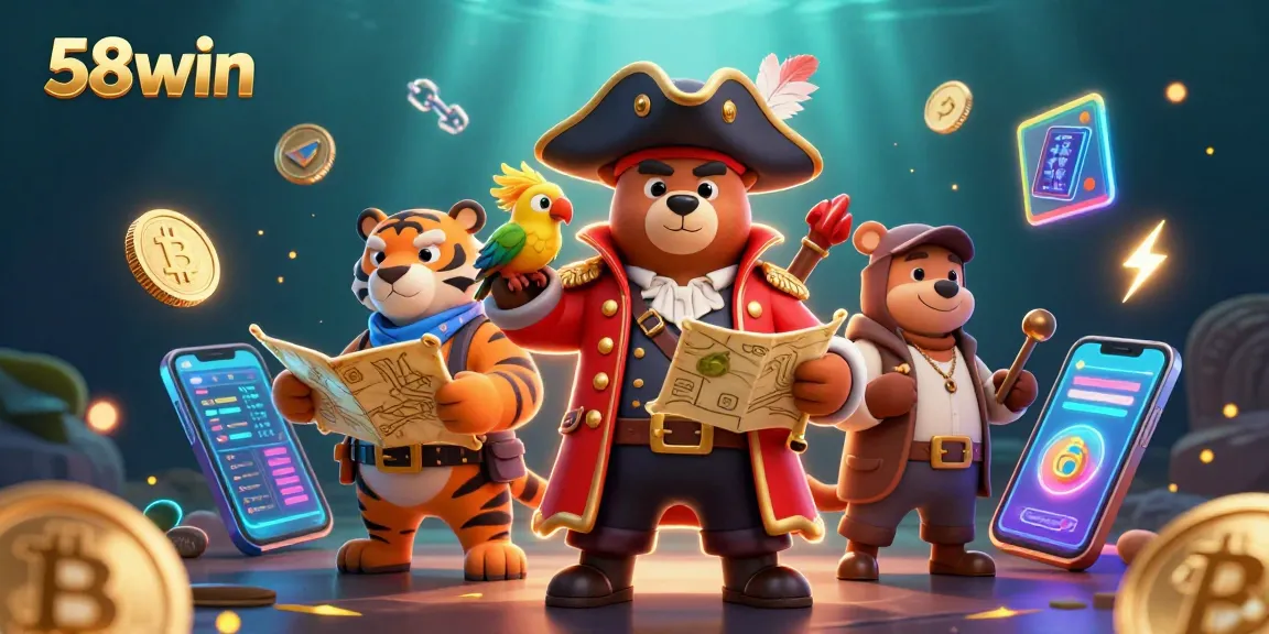 Engage with the thrilling world of 58win featuring a cartoon pirate bear and tiger amidst gold coins.