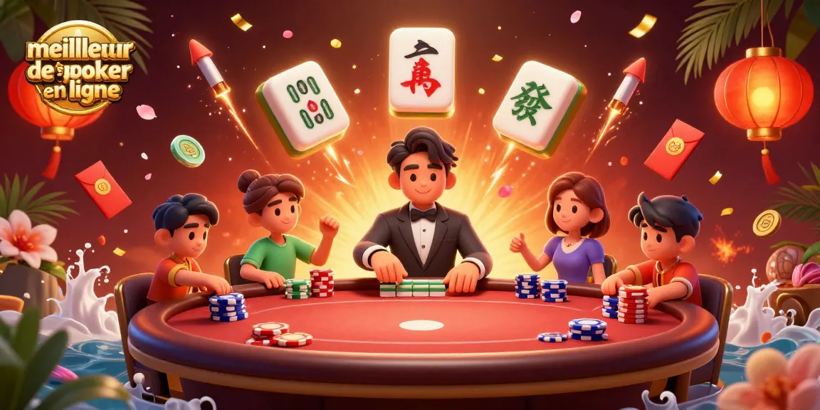 Jouez sur le meilleur site de poker en ligne avec des jetons et un animateur en pleine action, vibrant d'énergie.