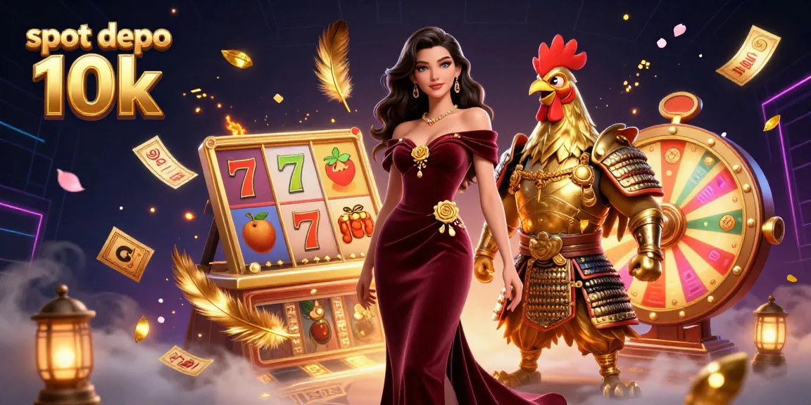 Play and win with slot depo 10k, as colorful slot reels and lively golden elements create an engaging casino experience.