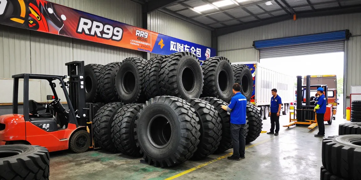 Double Coin RR99 tires prominently displayed in a busy tire warehouse, showcasing industrial operations.