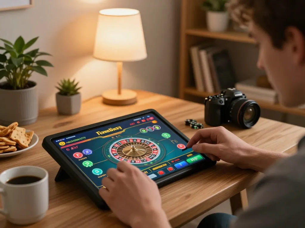 Player enjoying mobile casino gaming with Sunwin app showing roulette, cozy home setting