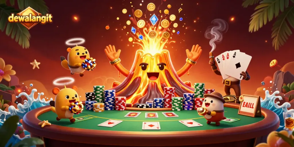 Mainkan dewalangit dengan gunung berapi emas yang mengeluarkan harta berkilau sebagai latar belakang permainan poker.