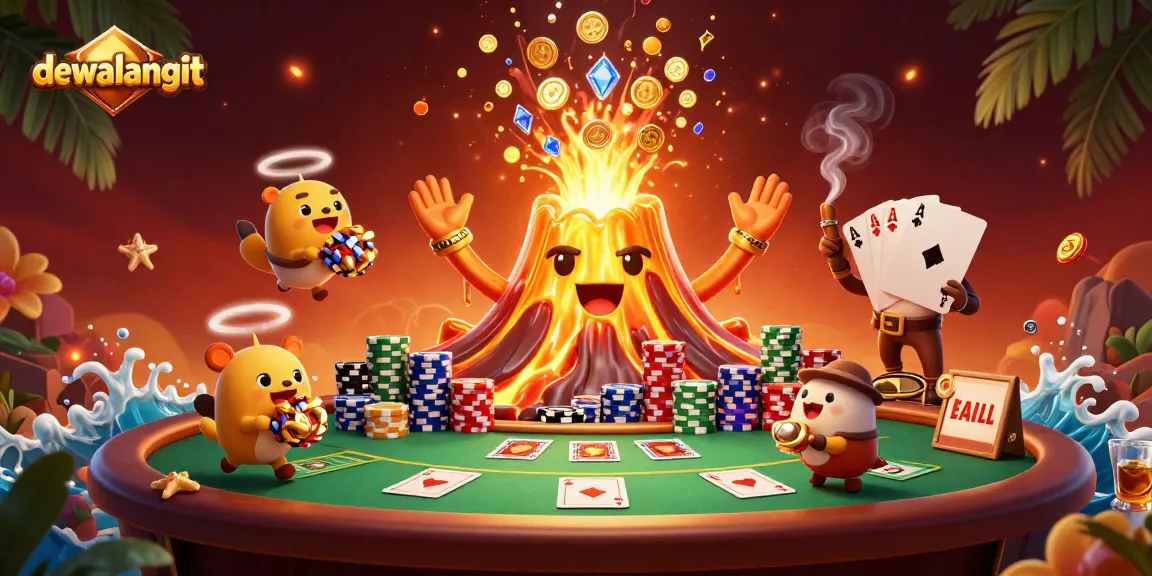 Mainkan dewalangit dengan gunung berapi emas yang mengeluarkan harta berkilau sebagai latar belakang permainan poker.