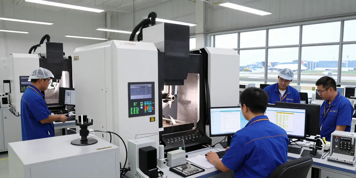 Leading aerospace CNC parts manufacturers collaborating in a high-tech facility, showcasing precision components and advanced machinery.