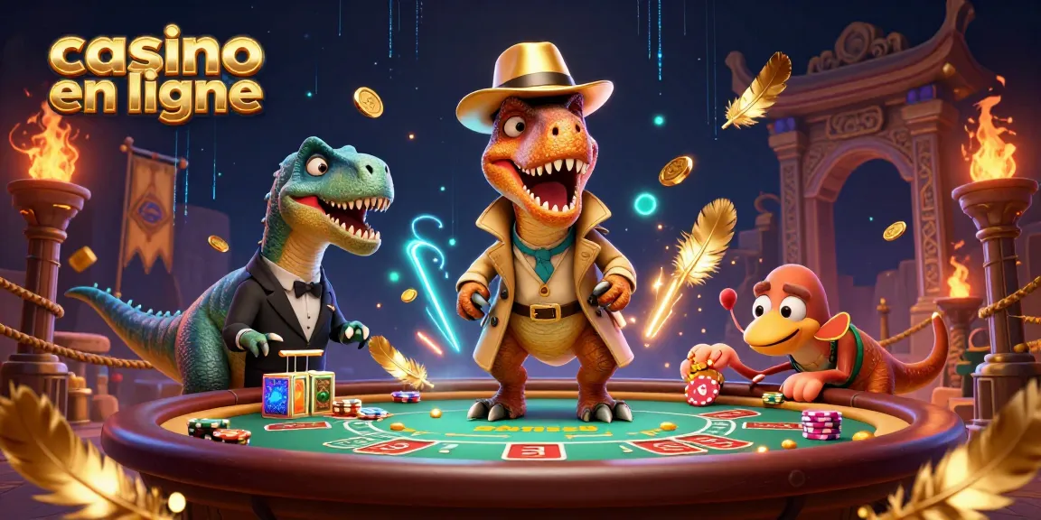 Une scène animée avec un velociraptor jouant au casino en ligne, entouré de jetons et de feux d'artifice, illustrant l'adrénaline du jeu.