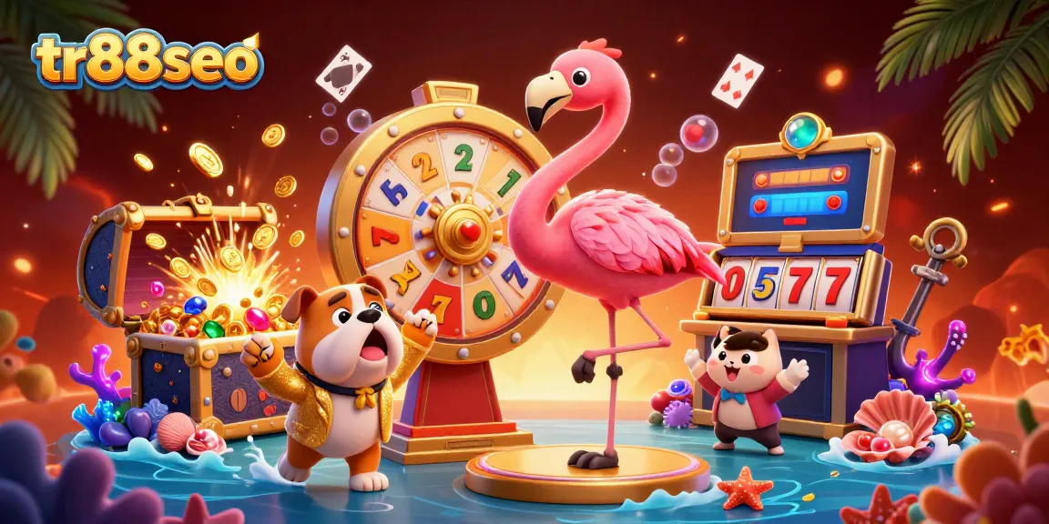 tr88seo showcases an exciting casino scene with a game show host and a bulldog contestant spinning a prize wheel.