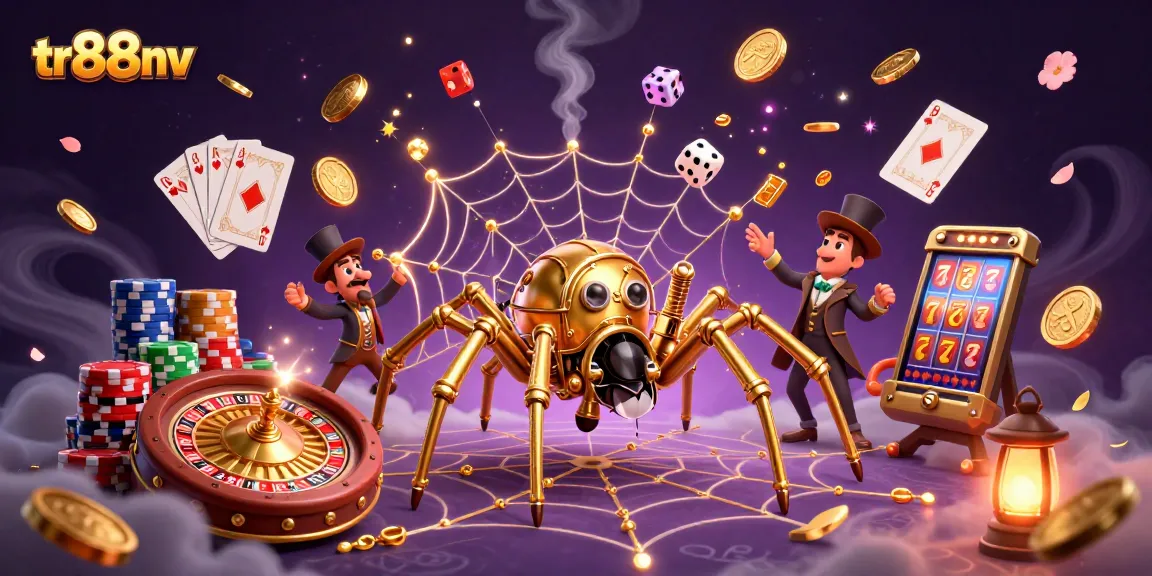 tr88nv capturing luck with a steampunk spider in a vibrant casino-themed illustration
