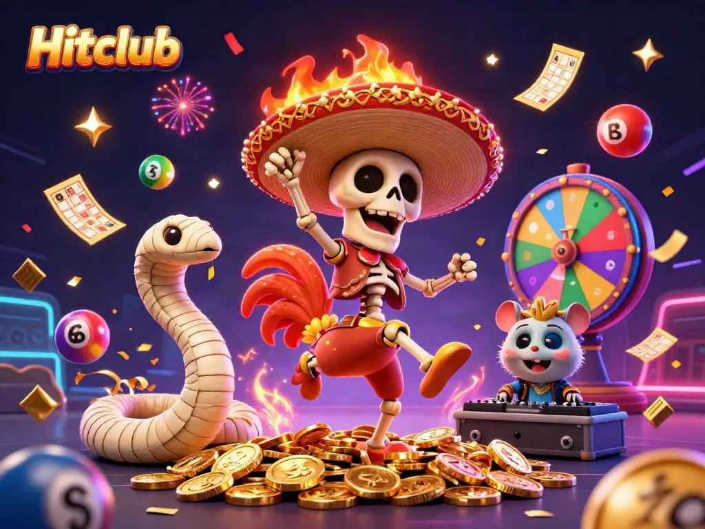 Hitclub celebrates with a vibrant scene of a mariachi rooster dancing, surrounded by colorful lottery elements in an entertaining 3D rendering.