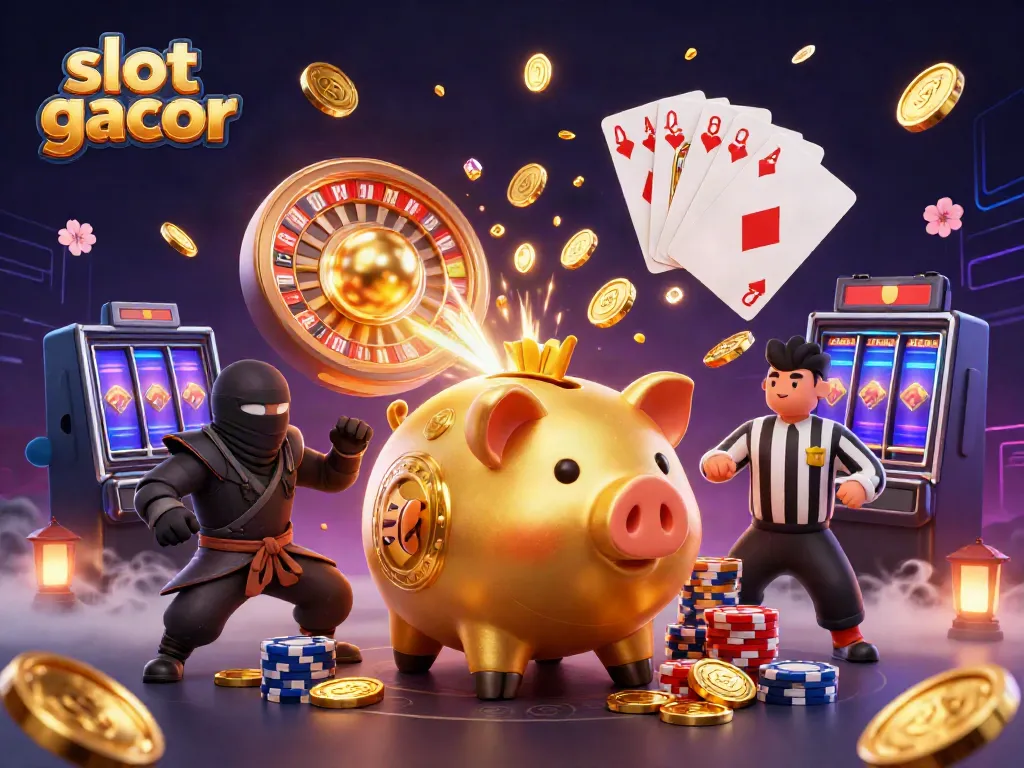 Slot gacor dengan keberuntungan besar, celengan emas dan ninja bertarung di kasino.