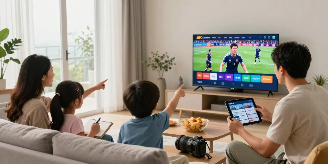 abonnement iptv en famille devant un téléviseur intelligent, en pleine expérience de streaming 4K