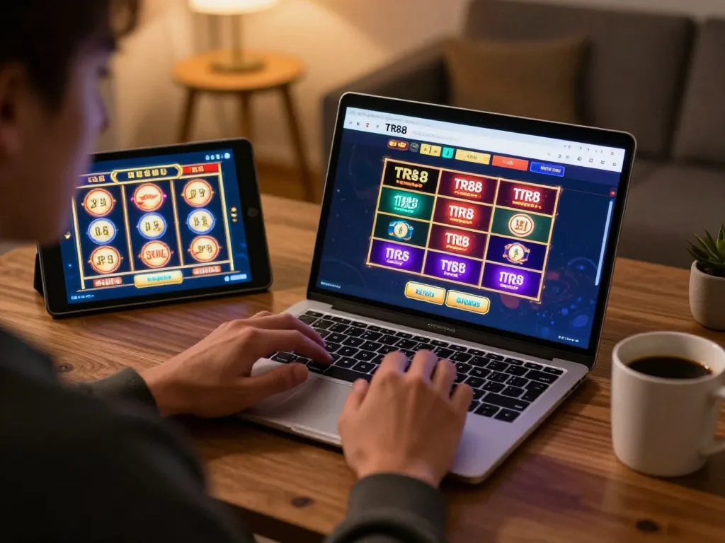 Engaging in TR88 online gaming with a cozy home setup and various betting options displayed.