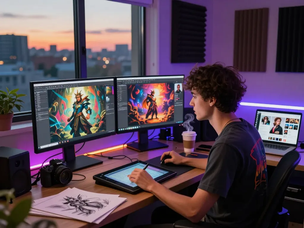 Digital artist creating NSFW AI imagery in a vibrant studio.