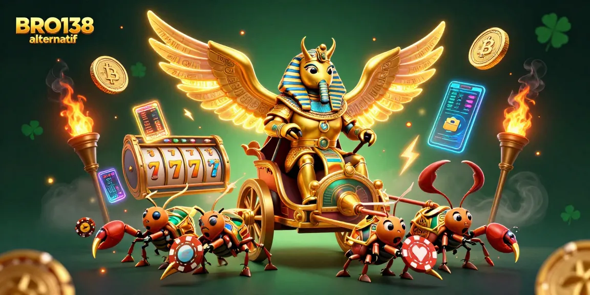 Experience thrilling gambling adventures with BRO138 alternatif showcased in a vibrant, detailed 3D scene filled with slot reels and crypto elements.