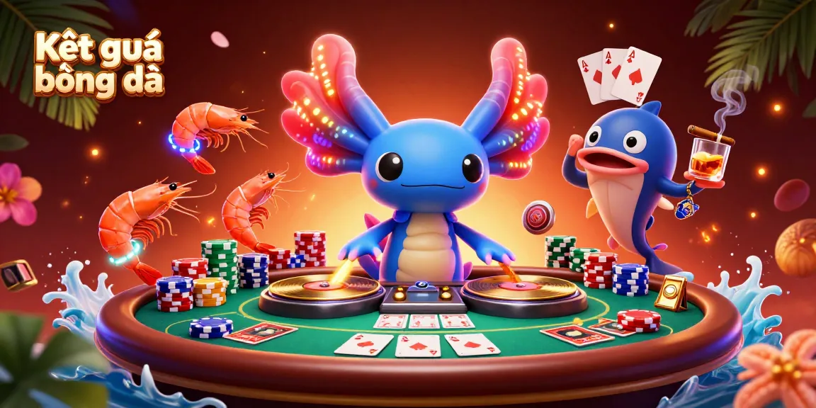 Enjoy Kết quả bóng đá with this vibrant 3D illustration showcasing a neon axolotl DJ and poker themes.