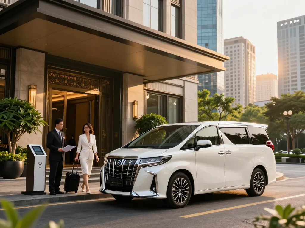 Trải nghiệm cho thuê sang trọng với cho thuê xe Alphard tại lối vào khách sạn cao cấp.