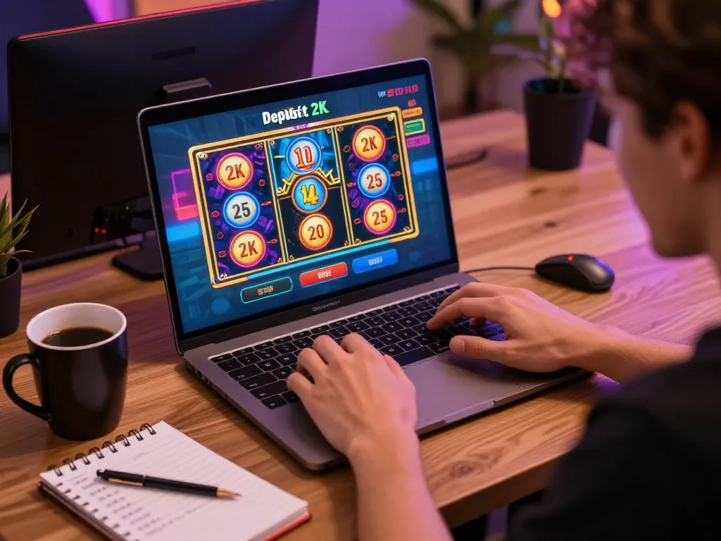 Engaged player enjoying slot deposit 2k games on laptop at home, showcasing vibrant gaming setup