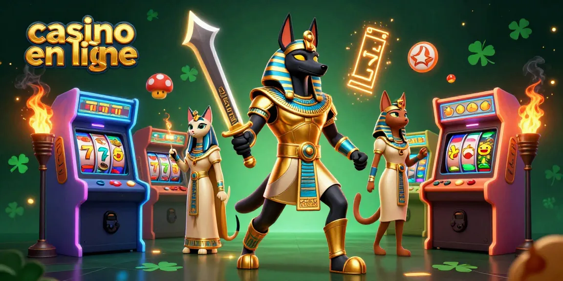 Jouez à casino en ligne avec Anubis et Bastet entourés de machines à sous animées et de symboles chanceux.