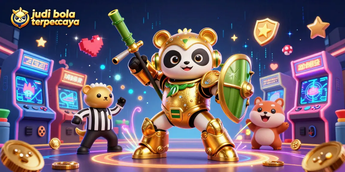 Engage in judi bola terpercaya with a vibrant scene featuring a mech-suit panda in a dynamic gambling arena.