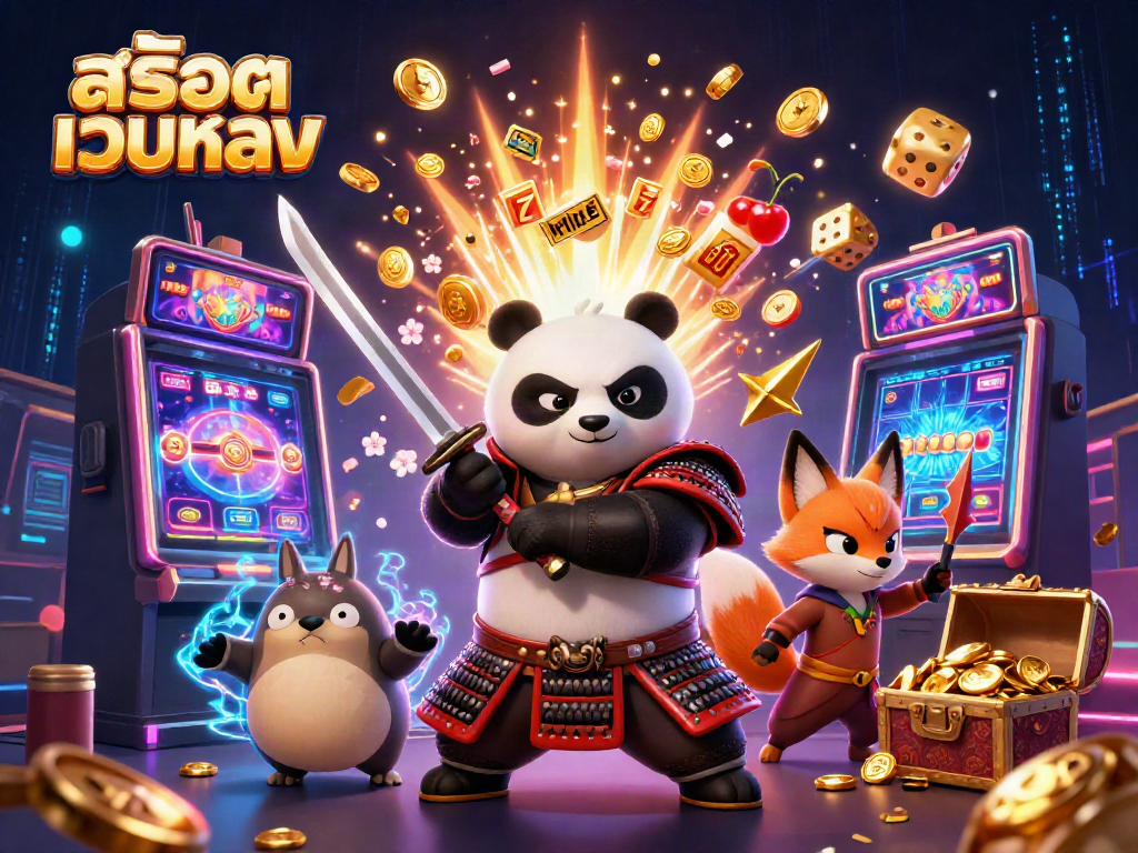 Spin into thrilling wins at สล็อตเว็บตรง with an action-packed samurai panda scene and slot machine excitement.